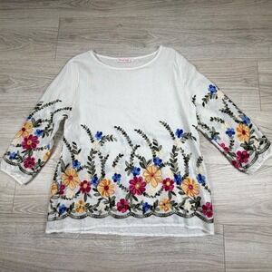 Ana & Rose Womens White Floral Embroidered Boho Blouse Top Medium
